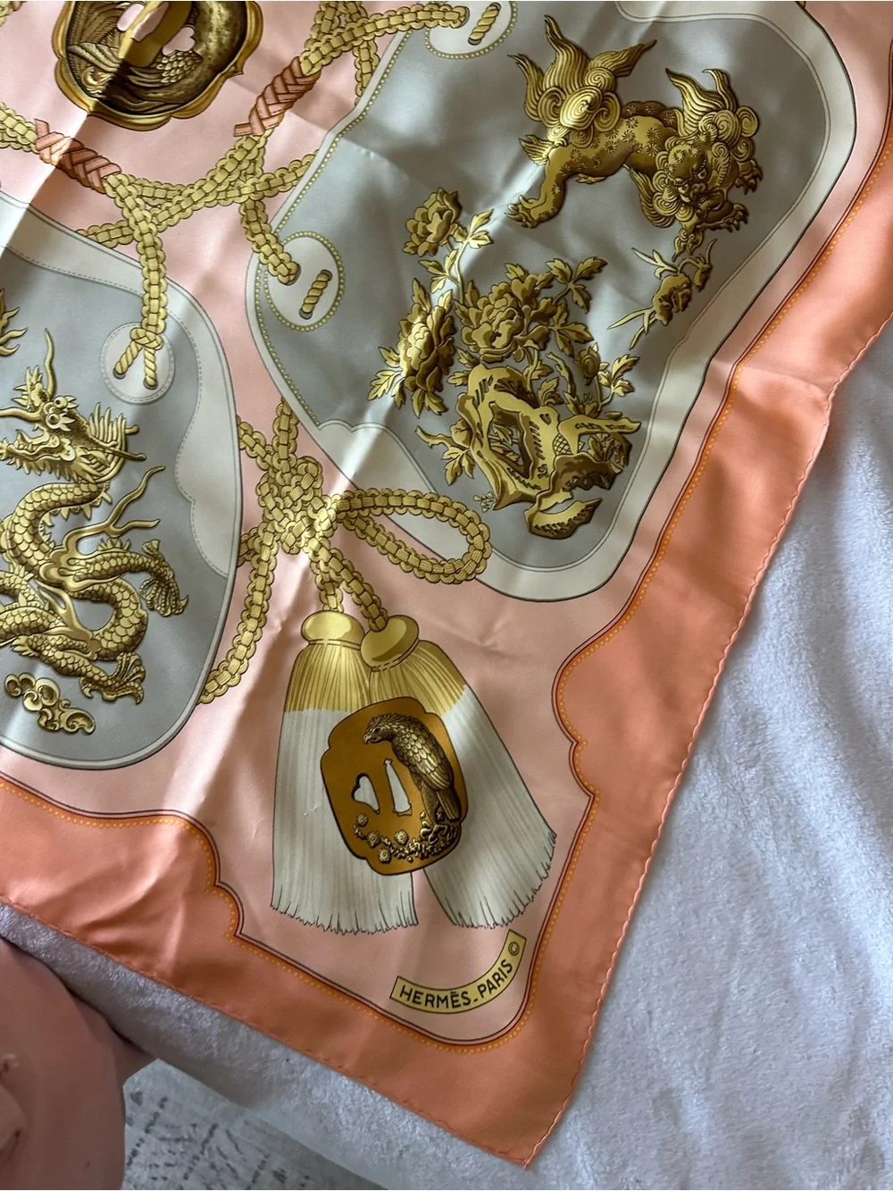 Hermes Peach and Gold Silk Scarf with Ornate Dragon Panels - Picture 12 of 16